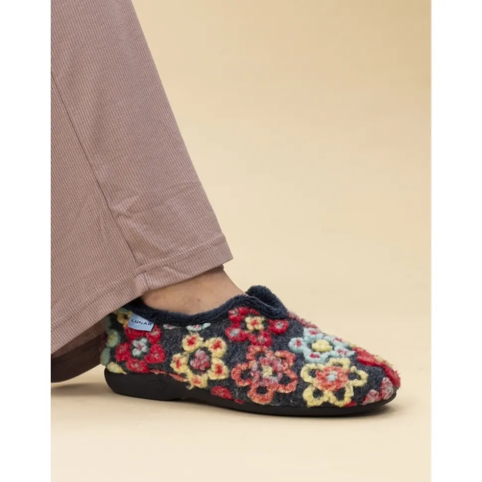 Lunar Shoes Hausschuh*Hippie-Slipper mit Blumenmuster in Marineblau